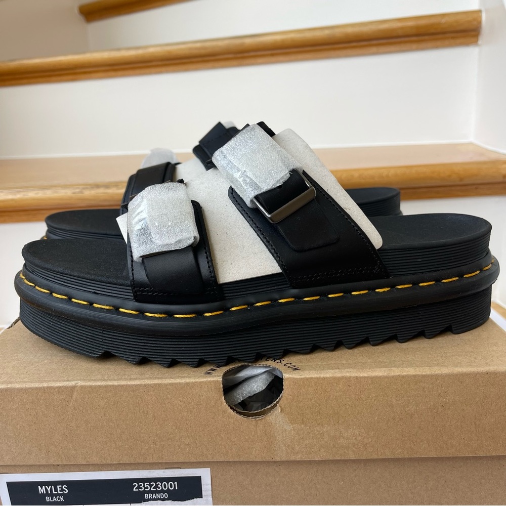 NWT Doc Martens Myles Brando Leather Slide Sandals in black buckles platforms - Picture 3 of 15
